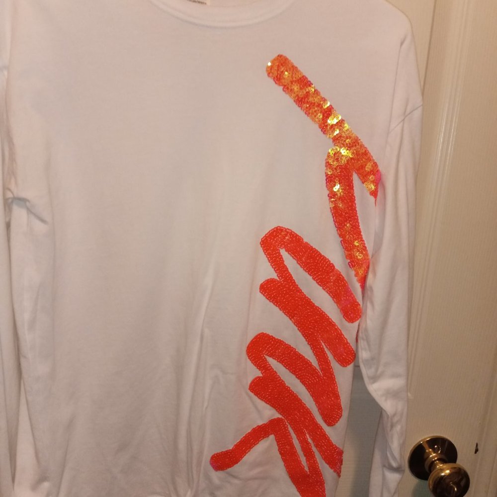 Victoria's Secret PINK Coral Orange Iridescent Sequins Bling Long Sleeve Top